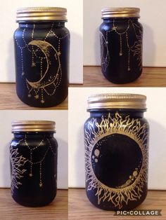 four different views of a painted mason jar with stars and the moon in gold on it