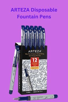 the artez disposable fountain pens are on display in front of a purple background