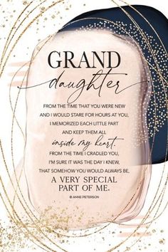 a card with the words grand daughter written in gold and black on it's front