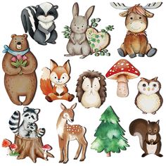 an assortment of woodland animals on a white background