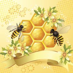 two bees and honeycombs with ribbon on yellow background - free image 34971