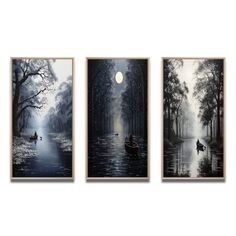 three paintings depicting people in boats on a river with trees and moon at night, one is