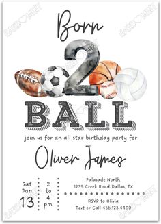 an image of a birthday party card with the number two and sports balls on it