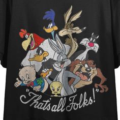 Show off the cartoon style of this juniors' Looney Tunes graphic tee. Show off the cartoon style of this juniors' Looney Tunes graphic tee. Crewneck Short sleevesFIT & SIZING Cropped lengthFABRIC & CARE Cotton Machine wash Imported Size: Large. Color: Black. Gender: female. Age Group: kids. Novelty Cartoon Print T-shirt For Streetwear, Cotton Cartoon Print Tops, Funny Black Tops With Character Print, Cartoon Style Cotton Top With Letter Print, Cotton Cartoon Style Tops With Letter Print, Cotton Cartoon Character Print Tops, Funny Graphic Print Top For Fans, Cotton Cartoon Tops With Character Print, Cotton Tops With Cartoon Character Print