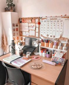 a desk with a laptop computer on top of it and lots of crafting supplies