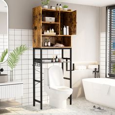 a bathroom with a toilet, sink, and bathtub in white tiled flooring