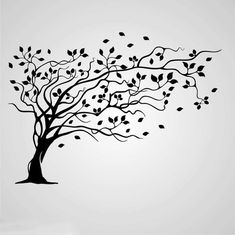 a tree with leaves blowing in the wind on a white background wall decal sticker