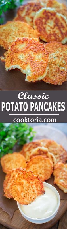 potato pancakes on a wooden cutting board with ranch dip in the middle and green parsley