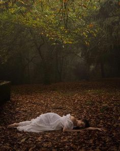 a woman is laying on the ground with leaves all around her and trees in the background