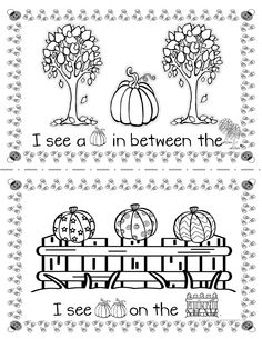 two coloring pages with pumpkins and trees