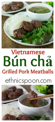 vietnamese bun cha grilled pork meatballs served with noodles and green leafy vegetables