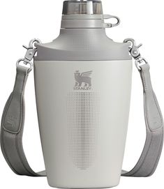 a white water bottle with a gray strap around it's neck and an animal logo on the side