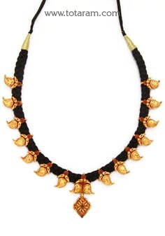 22 Karat Gold 'Mango' Necklace with Beads & Black Thread (Temple Jewellery) 
   - 235-GN1601 - in 31.150 Grams for USD $2106.24. 
Made in India by Totaram Jewelers Online this product is in Gold - 22 Karat BIS Hallmark 916 KDM Gold  & is an excellent gift for Adult - Women. Ships fully insured with secured guaranteed delivery for free with your order over $250 from New Jersey USA & comes with 30 days exchange policy. Black Thread Necklace, Mango Necklace, Thread Chains, 22k Gold Necklace, Temple Jewelry Necklace, Gold Temple Jewellery, Thread Necklace, Black Thread, Temple Jewellery