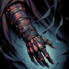 a hand with red lights on it is wrapped in black fabric and surrounded by chains