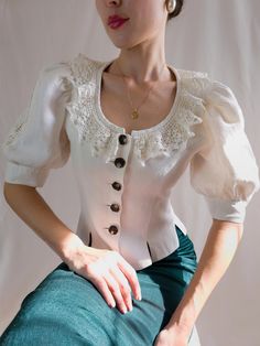 Vintage blouse with  puffy sleeves  blouse decorated with crochet lace  Size:34-36eu  Soft linen composition  New condition White Dirndl, Puffy Sleeves Blouse, Womens Blouses, Sleeves Blouse, Vintage Blouse, Milky White, Puffy Sleeves, Blouse Vintage, Crochet Lace