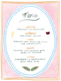 a menu with different types of food and drinks on the side, including wine glasses