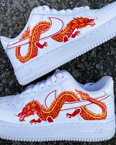 Unique, custom-made shoes with a red dragon design wrapping around the Nike swoosh! Each pair is hand-painted with high-quality Angelus leather paint and sealed with a waterproof finisher to protect against fading, cracking, or chipping. The listed price includes the cost of the Nike Air Force 1 shoes ($90) plus the cost of the artwork. If you would like another time of shoe, such as an off-brand shoe at a lower price, please message me and I can adjust the price for you! Your shoes will take up Luxury Red Nike Custom Sneakers, Luxury Nike Custom Sneakers With Red Sole, Luxury Red Custom Sneakers With Nonskid Markings, Luxury Red Mid-top Custom Sneakers, Customised Shoes Cheap, Custom Nike Dragon, Custom Shoes Dragon, Nike Air Force 1 Custom Versace, Luxury Red Low-top Custom Sneakers