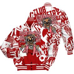 Brand Dunkare Red Taxi 12s Shirt - Screw Around Bear Monogram Graffiti All Over Print Baseball Varsity Jacket Red Graphic Print Outerwear For Streetwear, Red Hip Hop Cotton Outerwear, Red Long Sleeve Outerwear With Graphic Print, Red Cotton Outerwear With Letter Print, Red Varsity Jacket With Letter Print For Fall, Red Letter Print Varsity Jacket For Fall, Red Crew Neck Outerwear For Streetwear, Red Long Sleeve Varsity Jacket For Streetwear, Red Hip Hop Sweatshirt With Letter Print