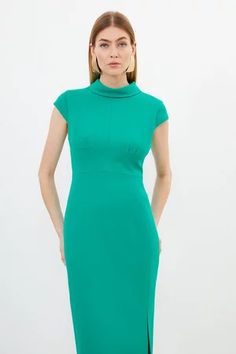 Tailored Structured Crepe High Neck Cap Sleeve Midi Dress | Karen Millen Classic High Neck Formal Dress, Solid High Neck Bodycon Dress For Work, Elegant High Neck Bodycon Dress For Formal Occasions, Elegant High-neck Bodycon Dress For Formal Occasions, Elegant High Neck Bodycon Dress For Formal Events, Elegant High Neck Bodycon Dress For Formal, Structured Knee-length Midi Dress For Cocktail, Elegant Green Elastane Bodycon Dress, Elegant High Neck Bodycon Midi Dress