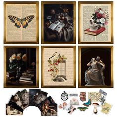 several pictures of books, flowers and an old fashioned birdcage are featured in this collage