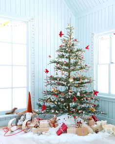 a small christmas tree with presents under it