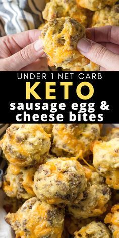 keto sausage egg and cheese bites on a plate with text overlay that reads, under net carb keto sausage egg and cheese bites