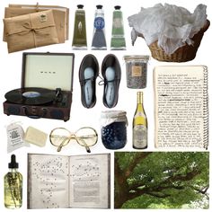 an assortment of items that include books, glasses and bottles