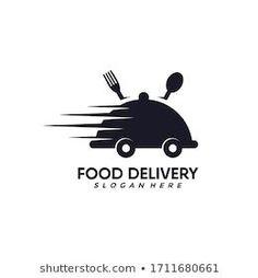 food delivery logo design with fork and spoon in the shape of a car that is driving down