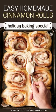 homemade cinnamon rolls in a baking pan with text overlay that reads easy homemade cinnamon rolls holiday baking special