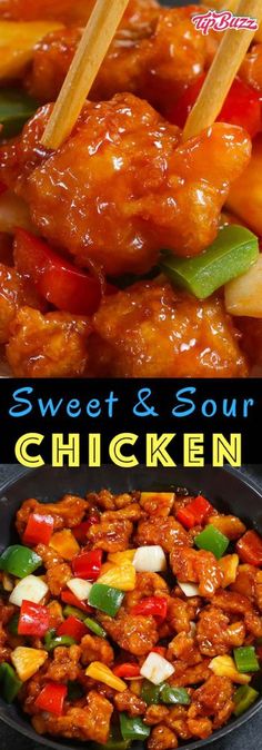 sweet and sour chicken is served in a skillet with chopsticks