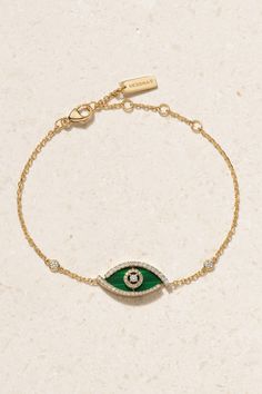 Messika's 'Lucky Eye' bracelet features a vibrant evil eye pendant - the ancient talisman is said to ward off negative energy. Handcrafted from polished 18-karat gold, it's set with a deep green malachite and 0.32-carats of sparkling diamonds.   Each Messika piece comes with a two-year warranty, which is activated 28 days after purchase. To receive an additional year's warranty, register your piece on Messika's website. Green Spiritual Jewelry With Evil Eye, Spiritual Green Jewelry With Evil Eye, Messika Ring, Ancient Talisman, Malachite Bracelet, Lucky Bracelet, Green Malachite, Vs Diamond, 28 Days