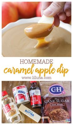 homemade caramel apple dip recipe with apples in the background