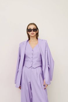 Lilac Woman Blazer, Women Pantsuit, Lavender Blazer, Party Suit, Birthday Suit, Palazzo Suit, Bridesmaid Outfit, Wedding, Birthday, Party ⭐Size: Please write your chest, waist, hips, height, and we will make a suit to your individual measurements! After you place your order, we may ask you for additional measurements. We do this to ensure that the suit fits you perfectly👌😊 ⭐Our fabric: We have used a premium quality suiting fabric.  ⭐Shipping: ✈️We have two shipping options that we can offer: Spring Party Suit In Solid Color, Sleeveless Purple Party Set, Spring Purple Fitted Suits, Formal Purple Sets For Spring, Spring Purple Formal Suit, Fitted Lavender Blazer For Spring, Lavender Fitted Blazer For Spring, Lavender Fitted Sets For Formal Occasions, Spring Wedding Purple Sets