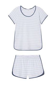 Pima Shorts Set in Marine White Short Sleeve Short Set For Sleep, Sporty Short Sleeve Loungewear Set, White Summer Bedtime Short Set, White Summer Short Set For Bedtime, Casual White Short Set For Bedtime, White Sporty Sleepwear With Relaxed Fit, Lake Pajamas, Cotton Pajama Shorts, Shorts Pajama Set