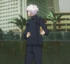 an anime character standing in front of a tall building with his hands on his hips