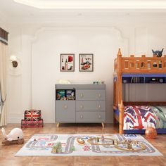 a child's bedroom with bunk beds, toys and other items on the floor