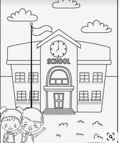 a coloring page with two children standing in front of a school building and a clock