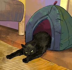 a black cat laying on the floor in front of a dog house