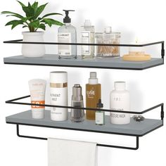 three shelves with different types of skin care products and a potted plant on top