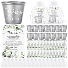 the wedding favors are shown with cups and napkins