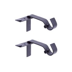 two metal brackets are shown on a white background, one is black and the other is grey