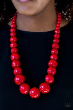 Gradually increasing in size near the center, fiery red wooden beads are threaded along a red string for a summery look. Features an adjustable sliding knot closure.Sold as one individual necklace. Includes one pair of matching earrings. Adjustable Sliding Knot, Sliding Knot Closure, Wooden Bead Necklaces, Red String, Wooden Necklace, Red Necklace, Fiery Red, Sliding Knot, Paparazzi Accessories