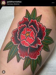 a red flower with green leaves on the thigh