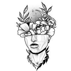 a woman's face with flowers on her head and leaves in the middle of it