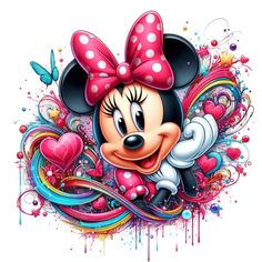 minnie mouse with pink bow and hearts on colorful swirly paint splattered background