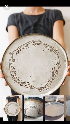 a person holding a plate with designs on it and pictures of other plates in front of them