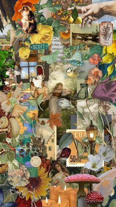 a collage of images with flowers, candles and other things in the middle of it