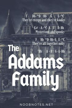 the addams family poster with an old building in the background and text overlay