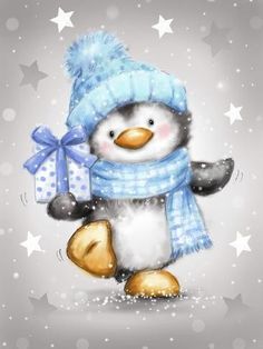 a painting of a penguin wearing a blue hat and scarf with a gift wrapped in snowflakes