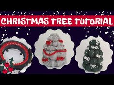 three knitted christmas tree ornaments are shown with the words, christmas tree tutorial